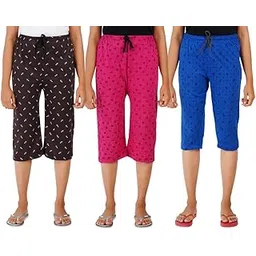 suman tex Women's Cotton Printed Nightwear Capris Nightwear Capri for Girls and Women Printed 3/4 Pyjama (Black, Yellow, Blue) Set of 3-picture-27
