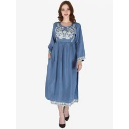 SUMAVI-FASHION Ethnic Motifs Embroidered Chikankari Denim A-Line Ethnic Dress-picture-16
