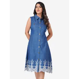 SUMAVI-FASHION Floral Embroidered Shirt Collar Sleeveless Denim Shirt Midi Dress-picture-27