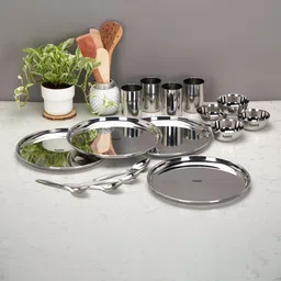 sumeet Pack of 16 Stainless Steel Stainless Steel Heavy Dinner set-16 Pcs (4 Plate,4 Bowl,4 Glass,4 Spoon) Silver Dinner Set image 5