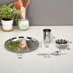 sumeet Pack of 16 Stainless Steel Stainless Steel Heavy Dinner set-16 Pcs (4 Plate,4 Bowl,4 Glass,4 Spoon) Silver Dinner Set image 4