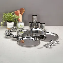 sumeet Pack of 16 Stainless Steel Stainless Steel Heavy Dinner set-16 Pcs (4 Plate,4 Bowl,4 Glass,4 Spoon) Silver Dinner Set image 1