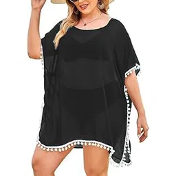 sun-rose fashions Light-Weight Women's Plus Size Pom Pom Lace Sheer Kaftan Swimwear Beach Cover up | Transparent-picture-20