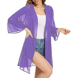sun-rose fashions Plain Colors Women's Designer Sleeves Front Open Bikini Cover up Pareo Beach Kaftan Shrug| Transparent | Sexy Swim Robe | One Size fits Upto 40" Bust-picture-18