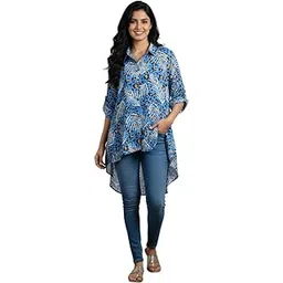sun-rose fashions Women's Blue Tropical Leaf Printed High-Low Tunic Kaftan – Free Size Kaftan Tunic-picture-49