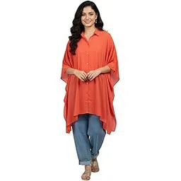 sun-rose fashions Women’s Loose Kaftan Tunic – Orange Collar Neck – One Size Oversized Top – Comfortable Resort & Casual Wear-picture-17