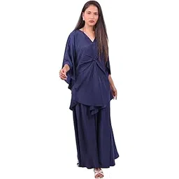 sun-rose fashions Women's Navy Blue Kimono-Style Kaftan Pant Set with Front Twist Detail, Wide-Leg Palazzo-picture-10