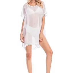 sun-rose fashions Women's Pom Pom Lace Sexy Kaftan Georgette Swim Cover up | Beach Dress | Transparent| Free Size Upto 54" Bust White-picture-34