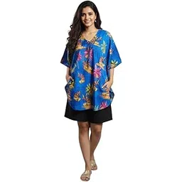 sun-rose fashions Women's Short Kaftan Tunic – Blue Tropical Beach Print – Free Size Upto 46" Bust-picture-44