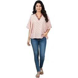 sun-rose fashions Women's Short Kaftan Tunic – Peach Polka Dot Embellished Neck – Free Size Upto 46" Bust-picture-13