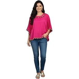 sun-rose fashions Women's Short Kaftan Tunic – Pink Solid Tassel Trim – Free Size Upto 46" Bust-picture-31