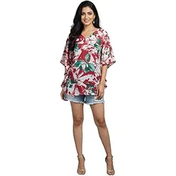 sun-rose fashions Women's Short Kaftan Tunic – Red & Green Abstract Floral – Free Size Upto 46" Bust-picture-29