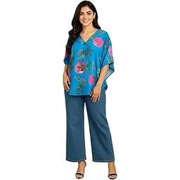 sun-rose fashions Women's Short Kaftan Tunic – Teal Palm Printed – Free Size Upto 46" Bust-picture-32