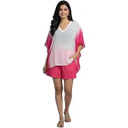 sun-rose fashions Women's Short Kaftan Tunic – White & Pink Ombre – Free Size Upto 46" Bust-picture-16