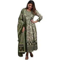sunbird global Women's Cotton Floral Printed Anarkali Kurti with Pant and Mulmul Dupatta Set-picture-33