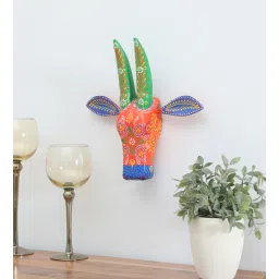 suncity decors Green & Orange Handcrafted Cow Sclupture Mango Wood Wall Mask-picture-26