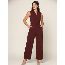 Sunday Casual Women Maroon V-Neck Sleeveless Cotton Waist Tie-Up Jumpsuit With Belt-picture-23