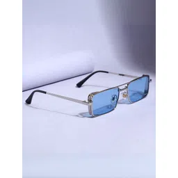 SUNGLASSIC Unisex Blue Lens & Silver-Toned Rectangle Sunglasses with image 1