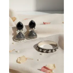 Sunhari Jewel Silver Plated Stones Studded & Beaded Oxidised Dome Shaped Jhumkas-picture-29