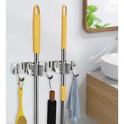 sunvibe Stainless Steel 2 Racks with 3 Hooks Heavy Duty Wall Mounted Broom and Mop Stick Holder for Home Kitchen Garden Laundry Garage-picture-33