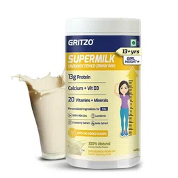 Supermilk Gritzo Height+ Unsweetened for 13+ Yrs Girl Personalized Protein and Nutrition Drink Mix, 400 g Creamy Pink Vanilla-picture-32