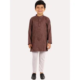 Superminis Boys Coffee Brown Embroidered Pure Cotton Kurta with Pyjamas-picture-31