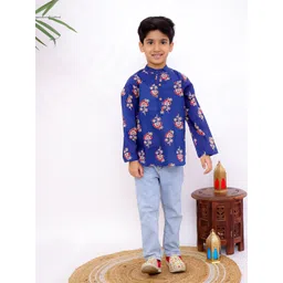Superminis Boys Floral Printed Band Collar Pure Cotton Short Kurta-picture-22