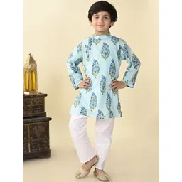 Superminis Boys Floral Printed Mandarin Collar Pure Cotton Straight Kurta With Pyjama-picture-10
