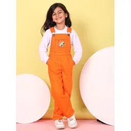 Superminis Cotton Blend Knit Floral Embroidered Dungaree With Full Sleeves Tee - Orange-picture-28