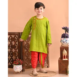 Superminis Cotton Full Sleeves Abstract Embroidered Kurta with Dhoti - Mehendi Green-image-34