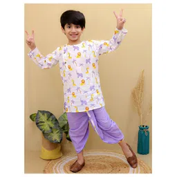 Superminis Cotton Full Sleeves Animals Printed Dhoti Kurta Set - Purple & White-image-27