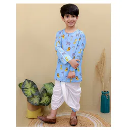 Superminis Cotton Full Sleeves Animals Printed Dhoti Kurta Set - Sky Blue & White-image-6