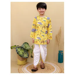 Superminis Cotton Full Sleeves Animals Printed Dhoti Kurta Set - Yellow & White-image-3