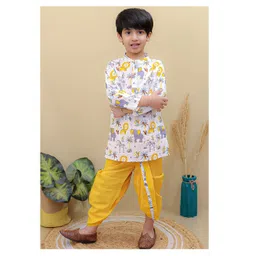 Superminis Cotton Full Sleeves Animals Printed Dhoti Kurta Set - Yellow & White-image-28
