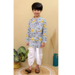 Superminis Cotton Full Sleeves Striped & Baby Animals Printed Dhoti Kurta Set - White & Blue-image-32