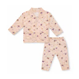 Superminis Cotton Hoisery Full Sleeves Printed Shirt & Pant Winter Set - Peach-image-9