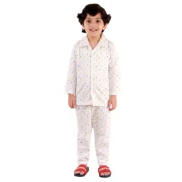 Superminis Cotton Knit Full Sleeves Hearts & Stars Printed Night Suit Set - White-image-14
