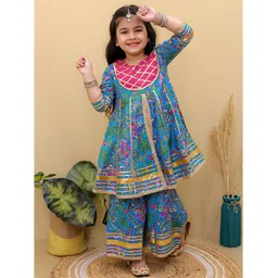 Superminis Cotton Three Fourth Sleeves Floral Printed & Gota Lace Embellished Kurta Sharara Set - Blue-picture-19