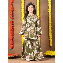 Superminis Cotton Woven Full Bell Sleeves Floral Printed Gota Lace Embellished Kurti & Coordinating Sharara Set - Green-image-17