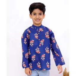 Superminis Cotton Woven Full Sleeves Floral Printed Short Kurta - Blue-image-12