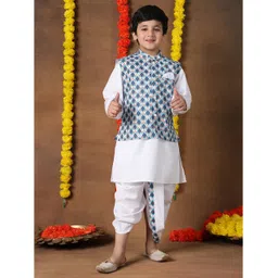 Superminis Cotton Woven Full Sleeves Solid Kurta & Dhoti With Ethnic Printed Jacket Set - Blue-image-11