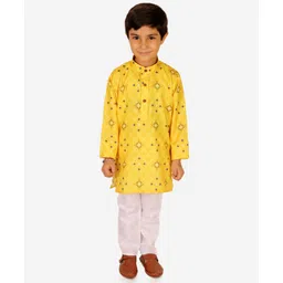 Superminis Pure Cotton Full Sleeves Seamless Geometric Design Printed Kurta With Pyjama - Yellow-image-2
