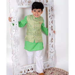 Superminis  Pure Cotton Full Sleeves Solid Kurta Pyjama With Dupion Silk Floral Block Motif Designed Jacket - Green-image-16