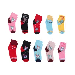 Superminis Woollen Pack Of 10 Bunny & Cartoon Printed Socks - Multi Colour Pink Black Red Sky Blue Yellow & Baby Pink-picture-21