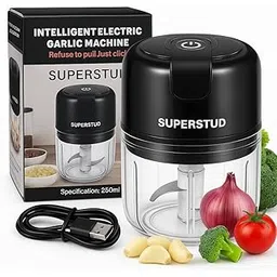 SUPERSTUD Rechargeable Mini Electric Chopper for Kitchen Use Electric for Mincing Garlic, Ginger, Onion, Vegetable, Meat, Nuts, and Fruits - 250 Ml, 45W with 1 Year Warranty (BLACK)-image-1