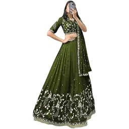 suppar sleave Women's Embroidered Vichitra Silk Lehenga Choli Dupatta Set Semi-Stitched Blouse and Fit & Flare Style-picture-11