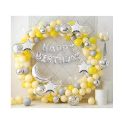Surprise Decor 74Pc Birthday Decoration Kit Yellow Grey Silver Balloons Birthday Foil Moon Stars with Arch & Glue Dot & Balloon Hand Pump Birthday Decoration Items | Birthday Decoration Combo-picture-14