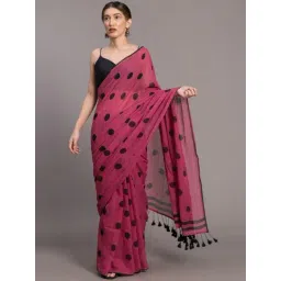 Suta Pink & Black Cotton Polka Dots Saree Without Blouse-picture-14