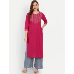 SUTI Women Pink & Yellow Cotton Yoke Design Thread Work Kurta-picture-14