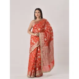 Sutra Attire Rose Red Floral Ranisa Edit Banarasi Georgette Saree with Designer lace-picture-26